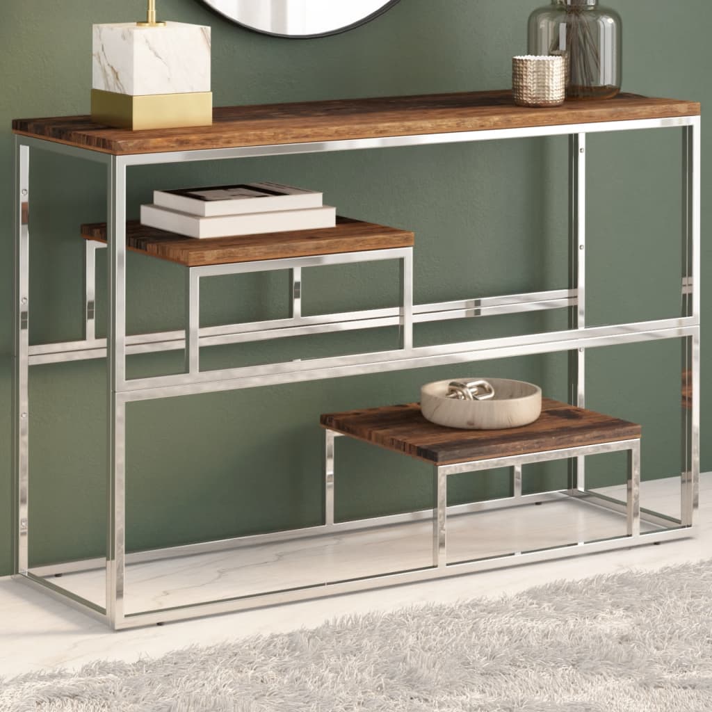 Console Table Silver Stainless Steel and Solid Sleeper Wood - Style and Chic