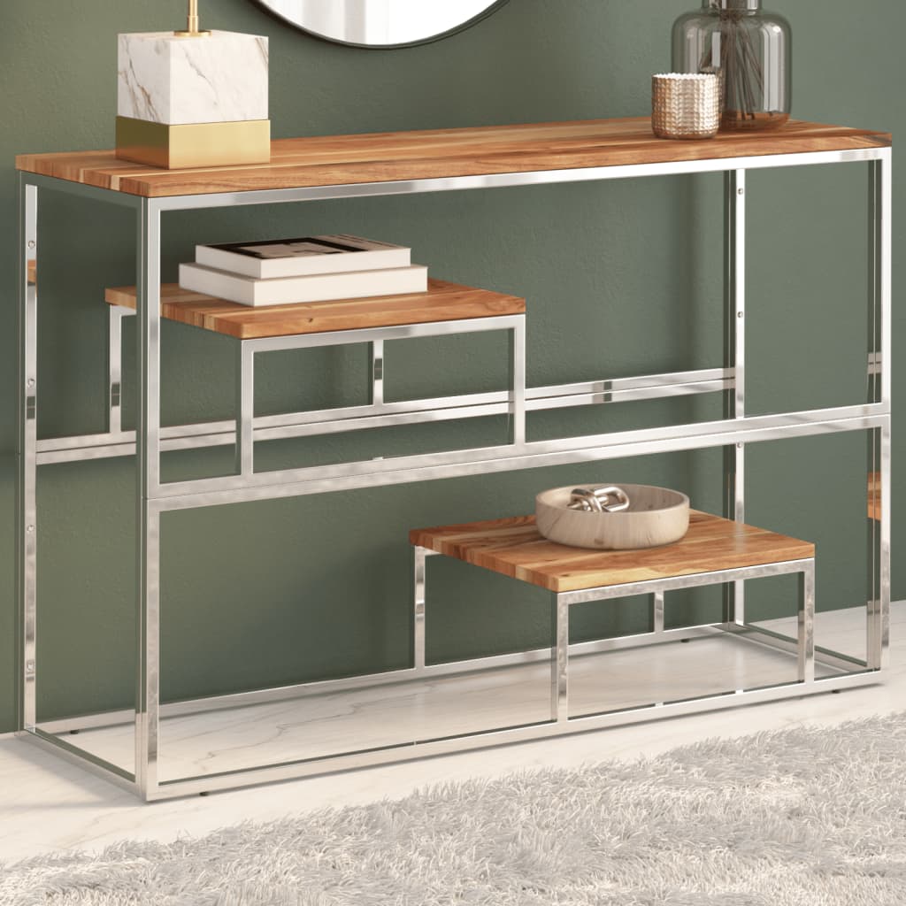 Console Table Silver Stainless Steel and Solid Acacia Wood - Casper Homes