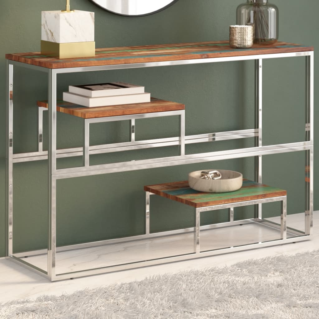 Console Table Silver Stainless Steel and Solid Reclaimed Wood - Merlin Deals
