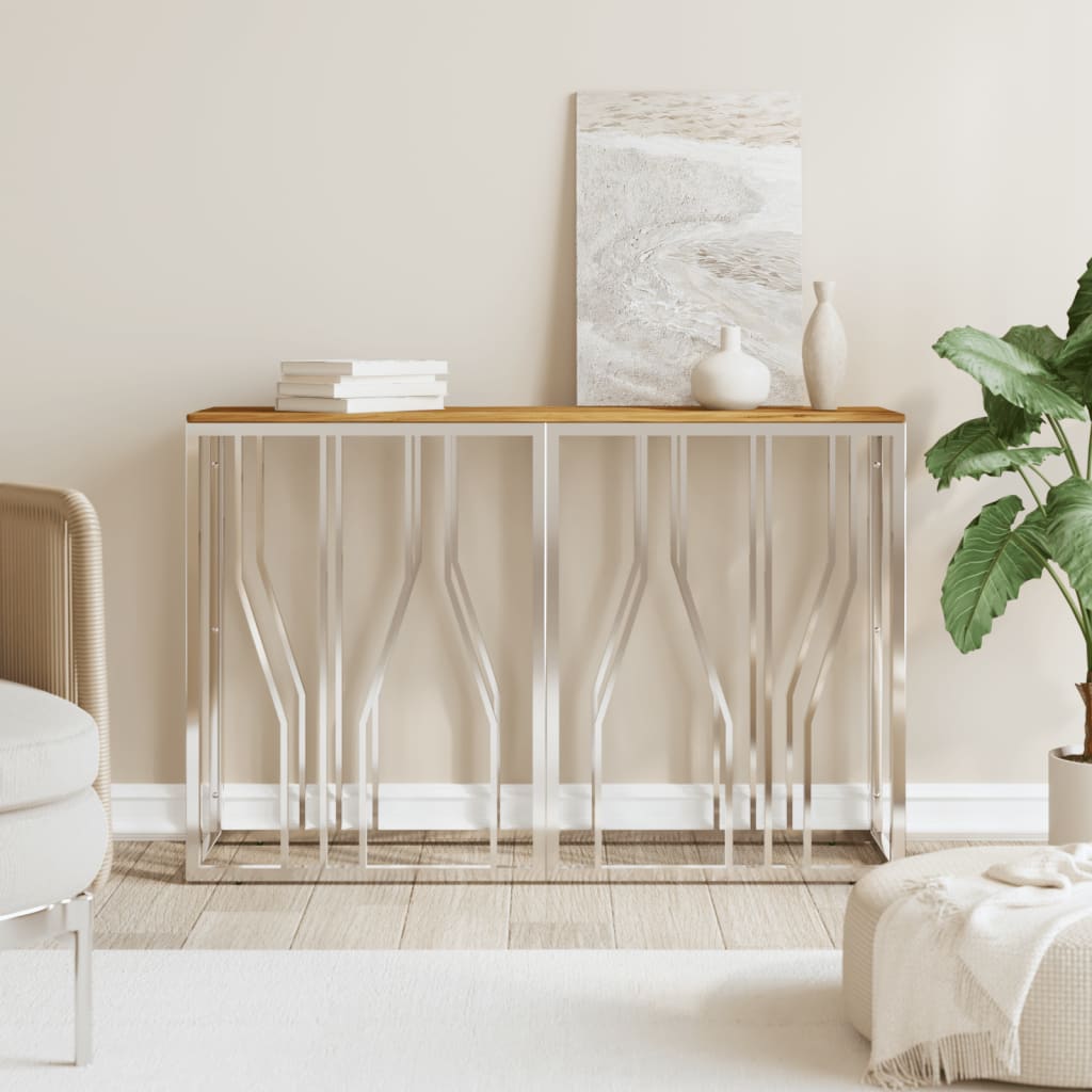 Console Table Silver Stainless Steel and Solid Wood Acacia - Decor Base