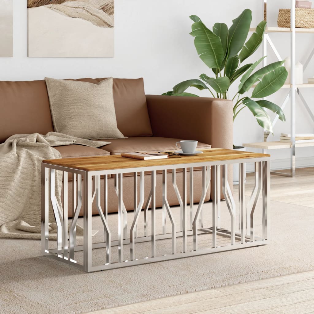 Coffee Table Silver Stainless Steel and Solid Wood Acacia - Sid & Sam