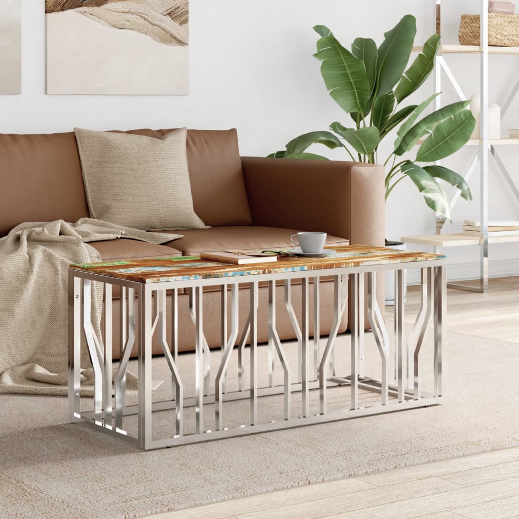 Coffee Table Silver Stainless Steel and Solid Wood Reclaimed - Tyrell & Tyrell