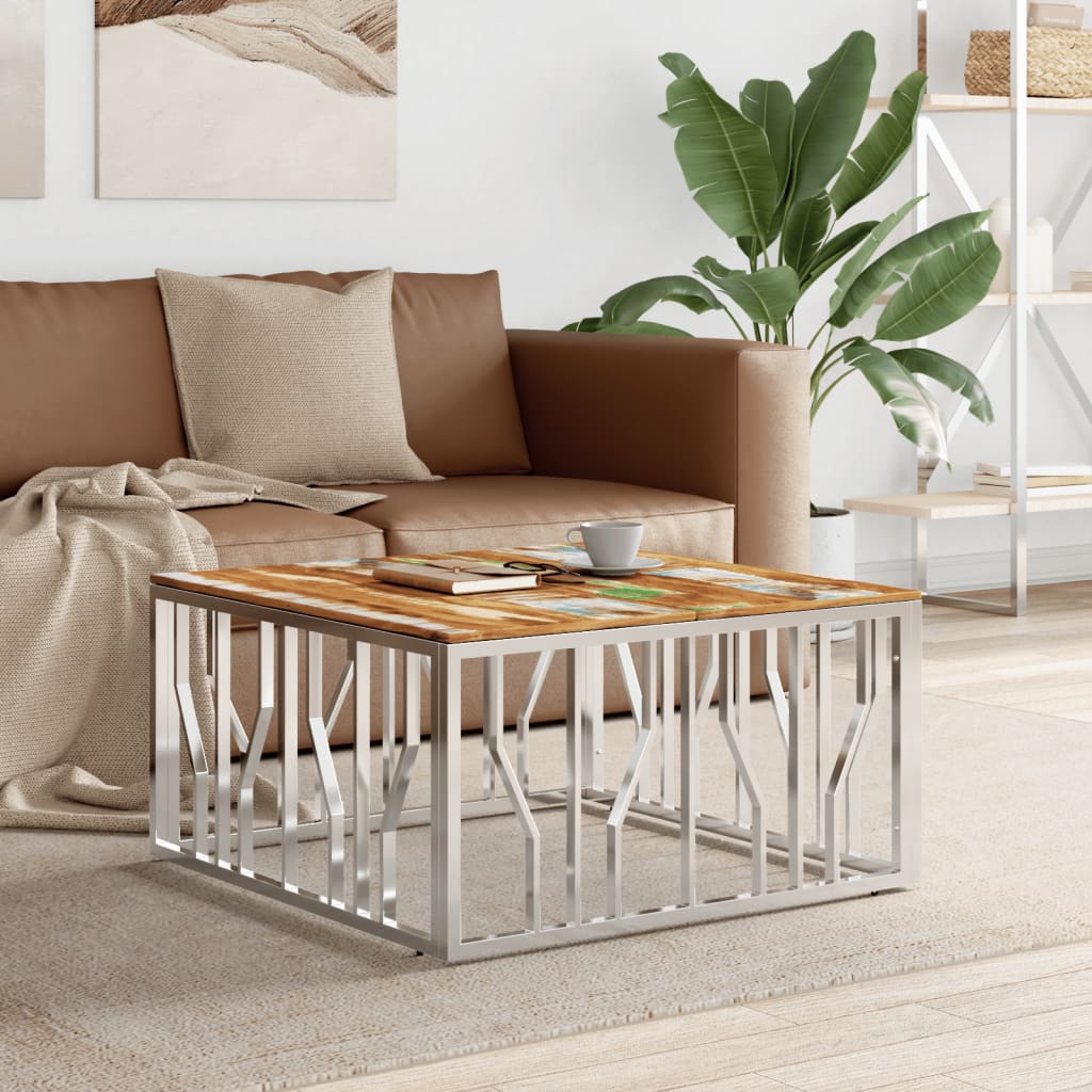 Coffee Table Silver Stainless Steel and Solid Wood Reclaimed - Style and Chic