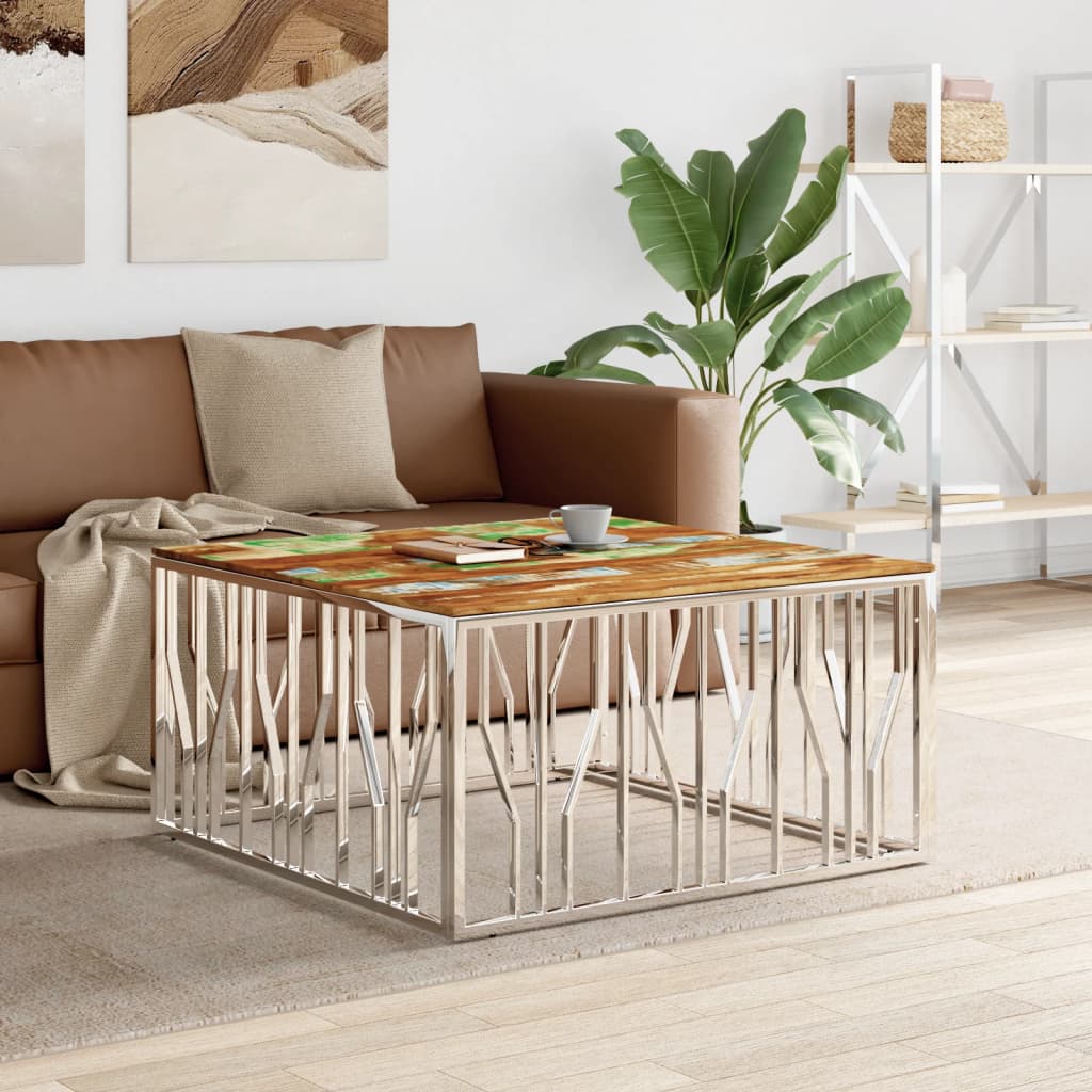 Coffee Table Silver Stainless Steel and Solid Wood Acacia - All Things Good