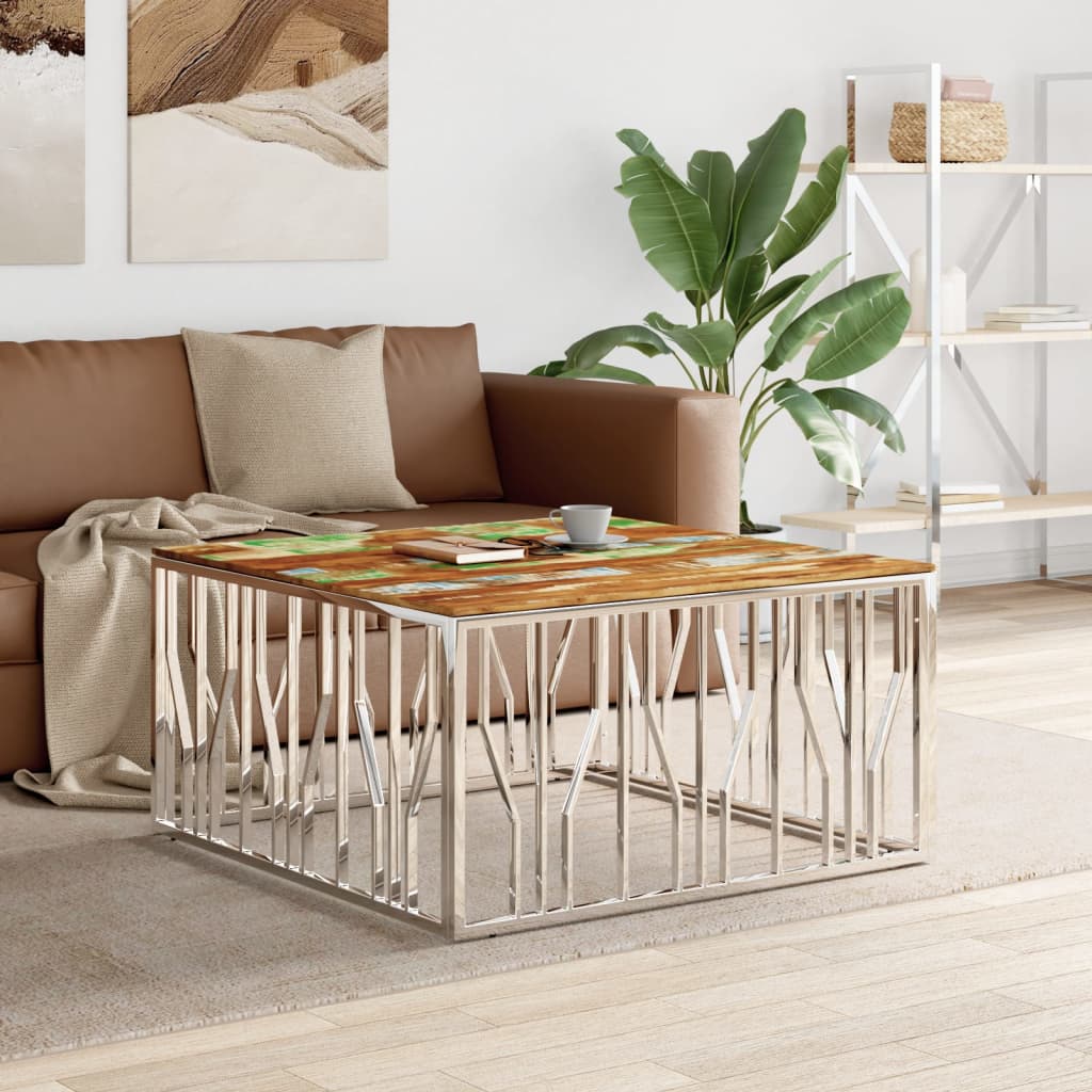 Coffee Table Silver Stainless Steel and Solid Wood Reclaimed - Style and Chic