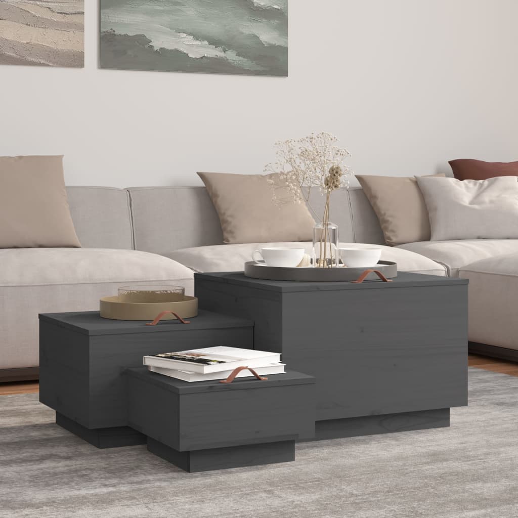 Storage Boxes with Lids 3 pcs Grey Solid Wood Pine - Millennium Furniture