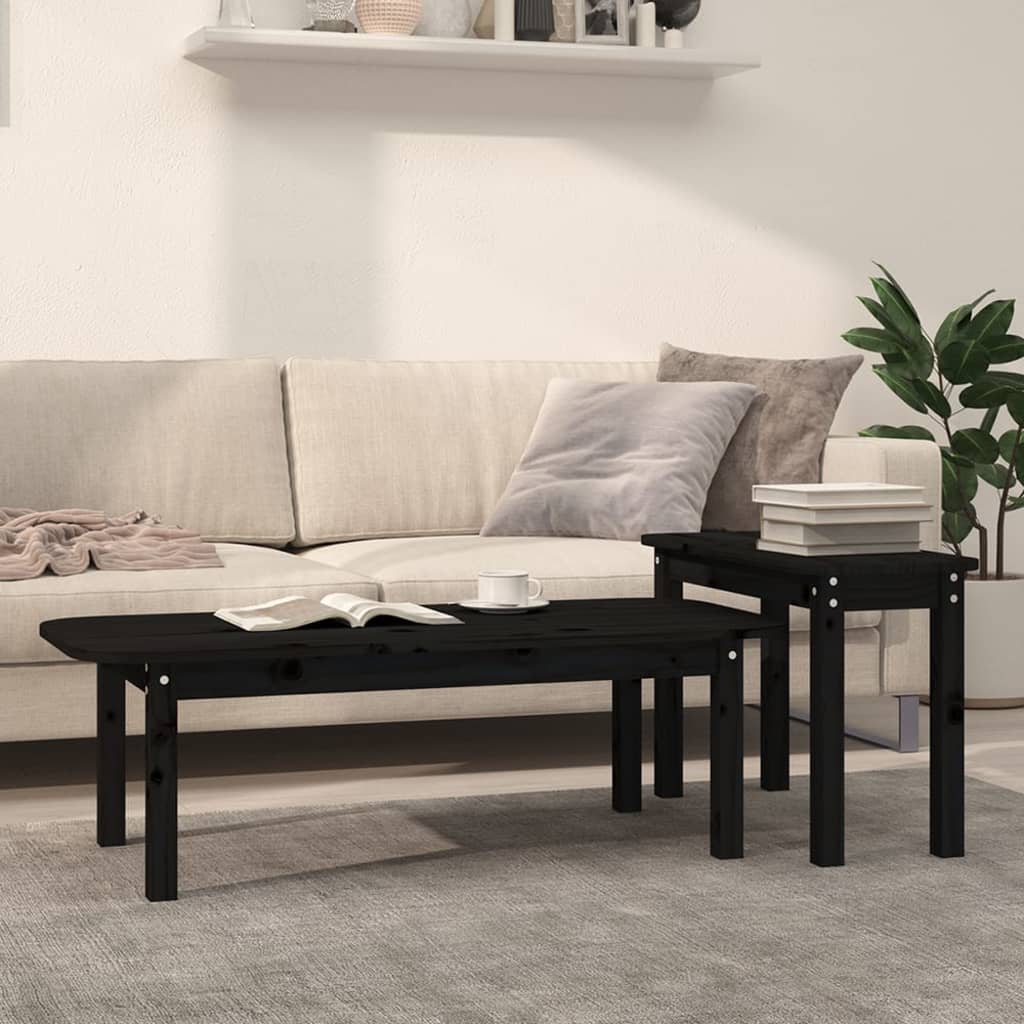 2 Piece Coffee Table Set Black Solid Wood Pine - Unbeatable Bargains