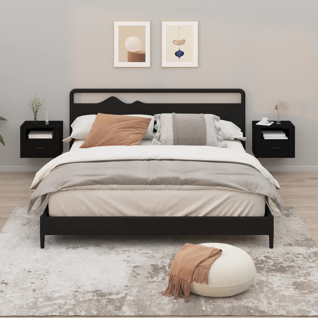 Bedside Table - BRADFORD 2 Piece Nightstand Black 50cm - R and M Furniture