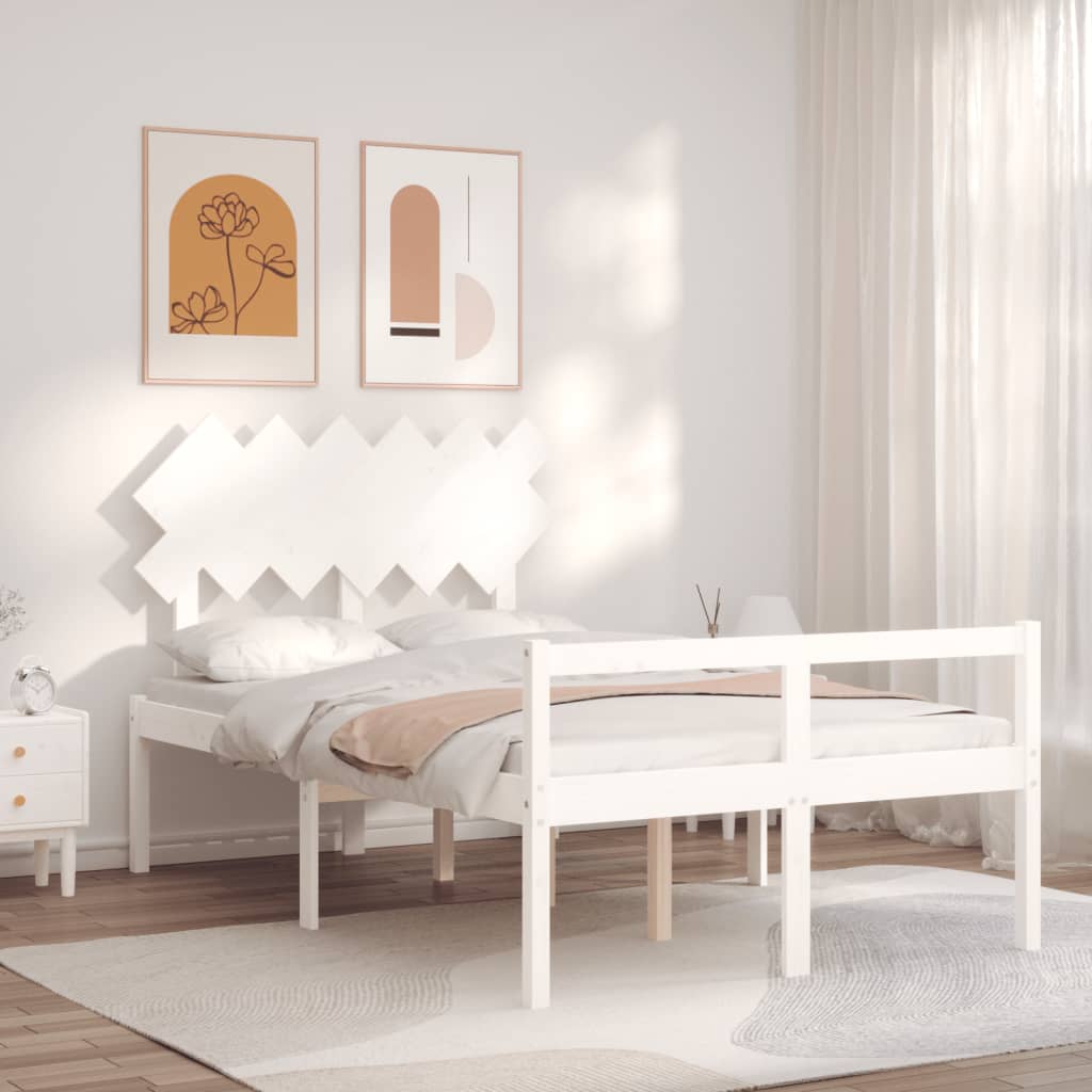 Bed Frame with Headboard White Double Solid Wood - Style and Chic