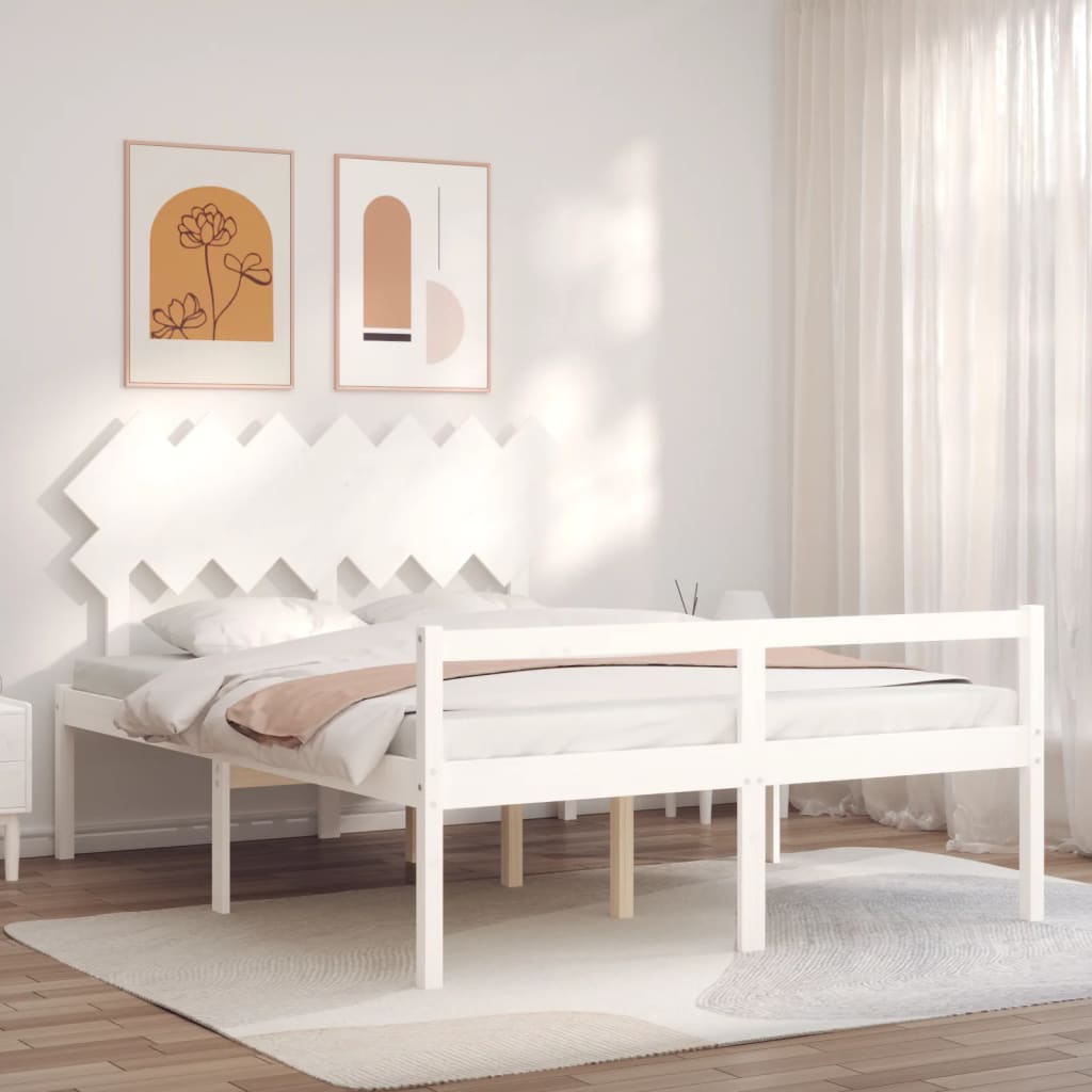 Bed Frame with Headboard White King Size Solid Wood - Brittle & Co