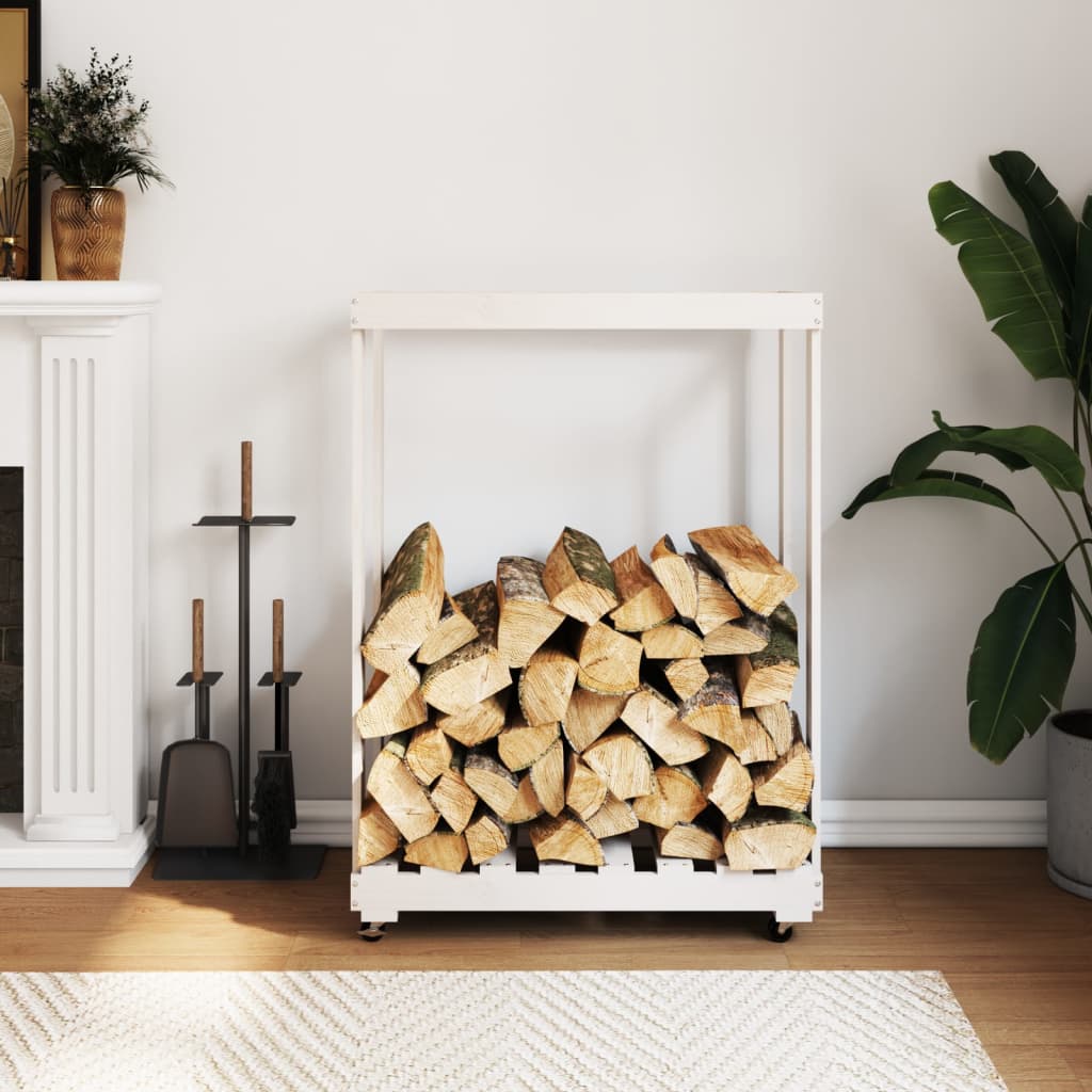 Log Holder with Wheels White 76.5x40x108 cm Solid Wood Pine - Merlin Deals
