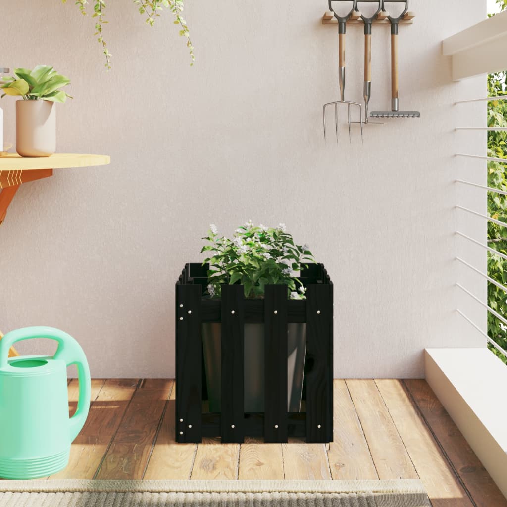 Garden Planter with Fence Design Black 40x40x40 cm Solid Wood Pine - Tyrell & Tyrell