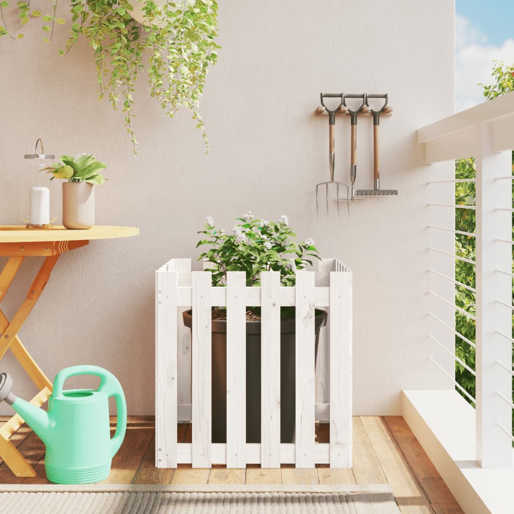 Garden Planter with Fence Design White 60x60x60 cm Solid Wood Pine - Discount Dealers
