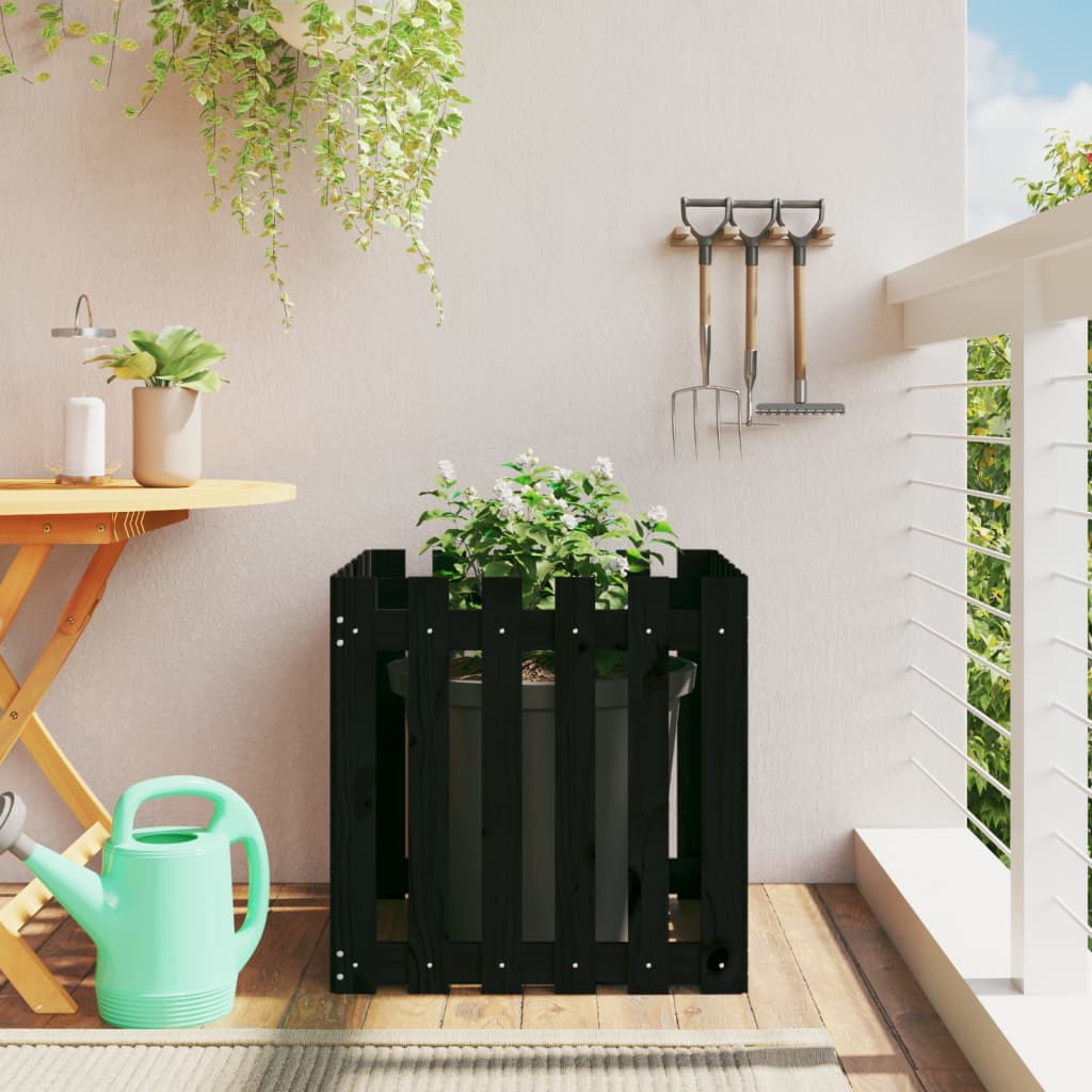 Garden Planter with Fence Design Black 60x60x60 cm Solid Wood Pine - Millennium Furniture