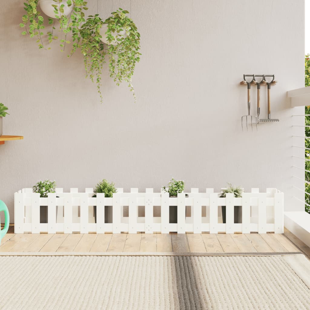 Garden Raised Bed with Fence Design White 200x30x30 cm Solid Wood Pine - Millennium Furniture
