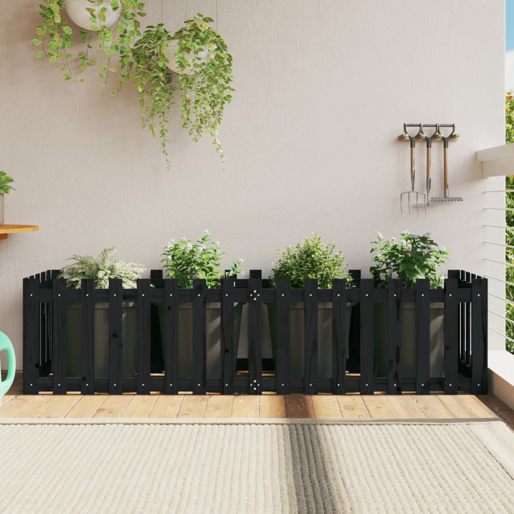 Garden Raised Bed with Fence Design Black 200x50x50 cm Solid Wood Pine - Casper Homes