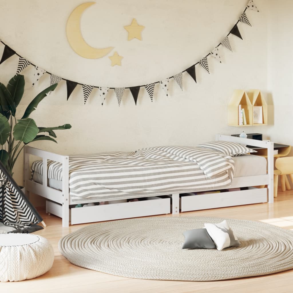Kids Bed Frame with Drawers White 80x200cm Solid Wood Pine - R and M Furniture