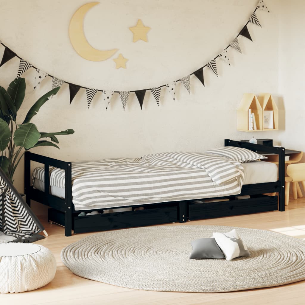 Kids Bed Frame with Drawers Black 80x200cm Solid Wood Pine - Sid & Sam