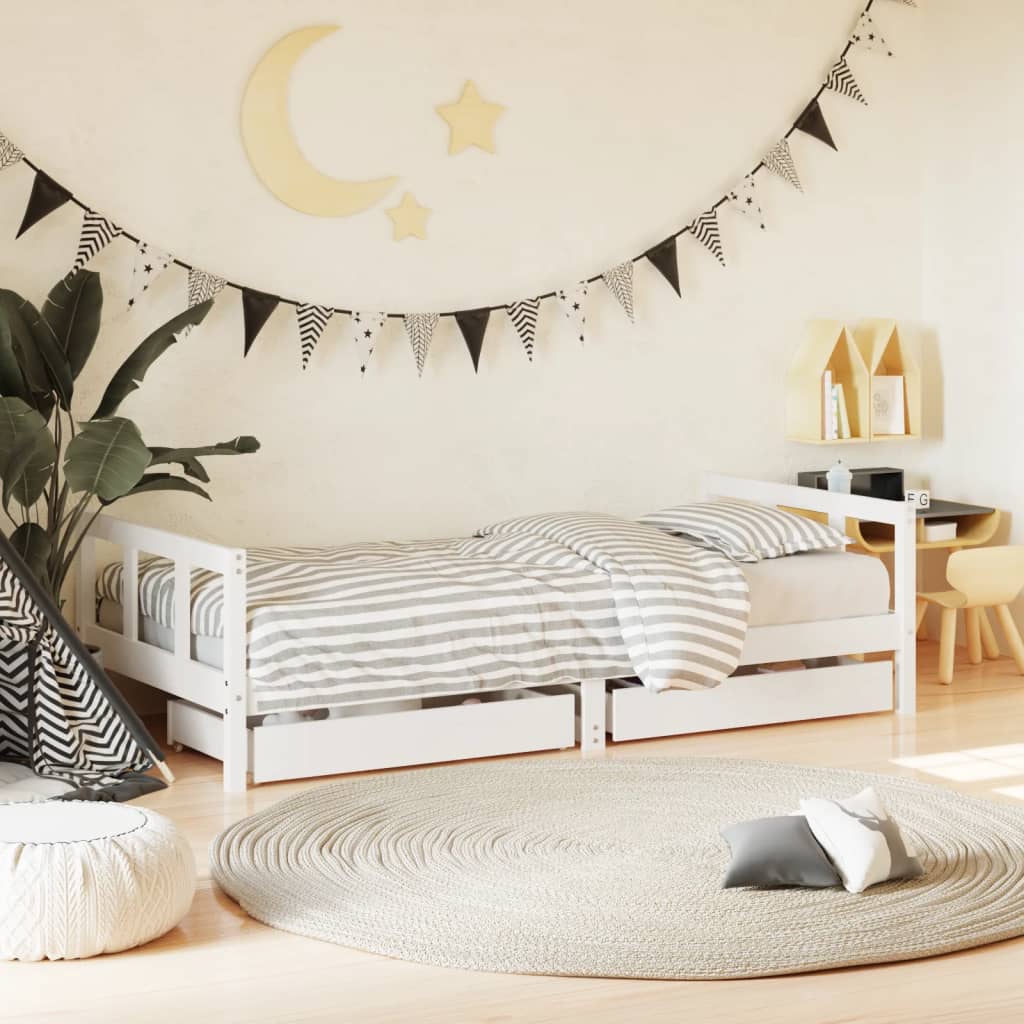 Kids Bed Frame with Drawers White 90x190cm Solid Wood Pine - Sid & Sam