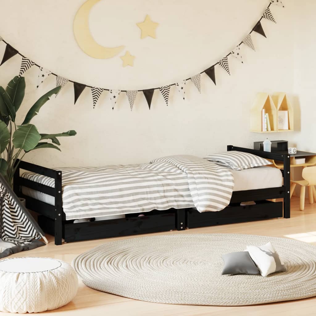 Kids Bed Frame with Drawers Black 90x200cm Solid Wood Pine - Tyrell & Tyrell