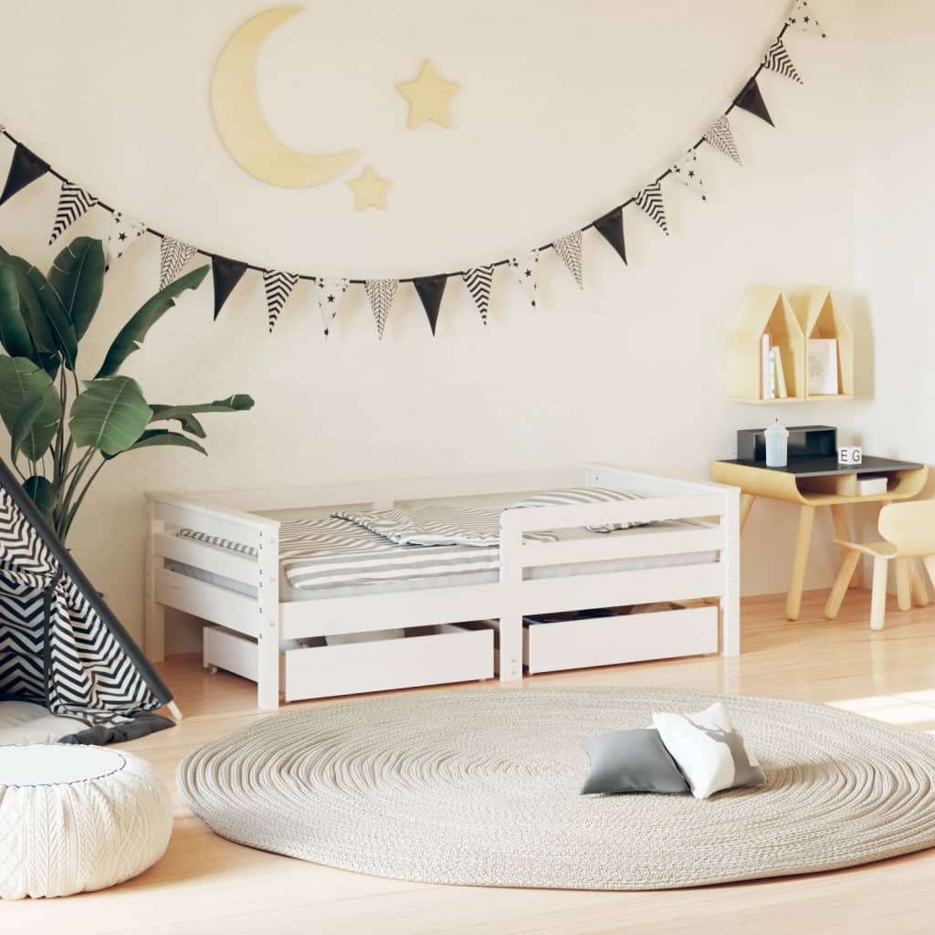 Kids Bed Frame with Drawers White 70x140cm Solid Wood Pine - The Home Maker