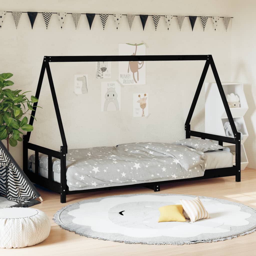 Kids Bed Frame Black 90x200cm Solid Wood Pine - Sid & Sam