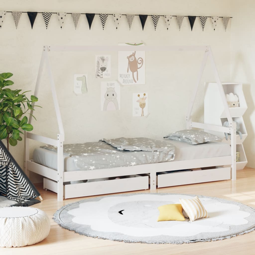 Kids Bed Frame with Drawers White 80x200cm Solid Wood Pine - Casper Homes