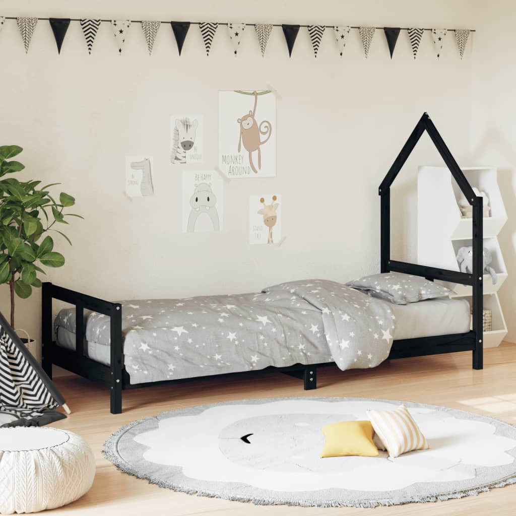 Kids Bed Frame Black 80x200cm Solid Wood Pine - Tyrell & Tyrell
