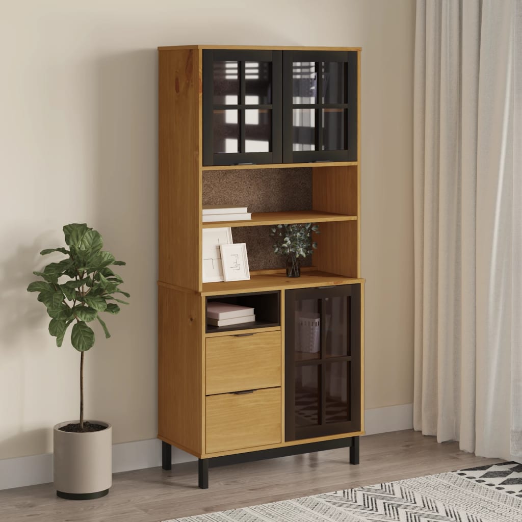 Highboard with Glass Doors FLAM 80x40x180 cm Solid Wood Pine - The Home Maker