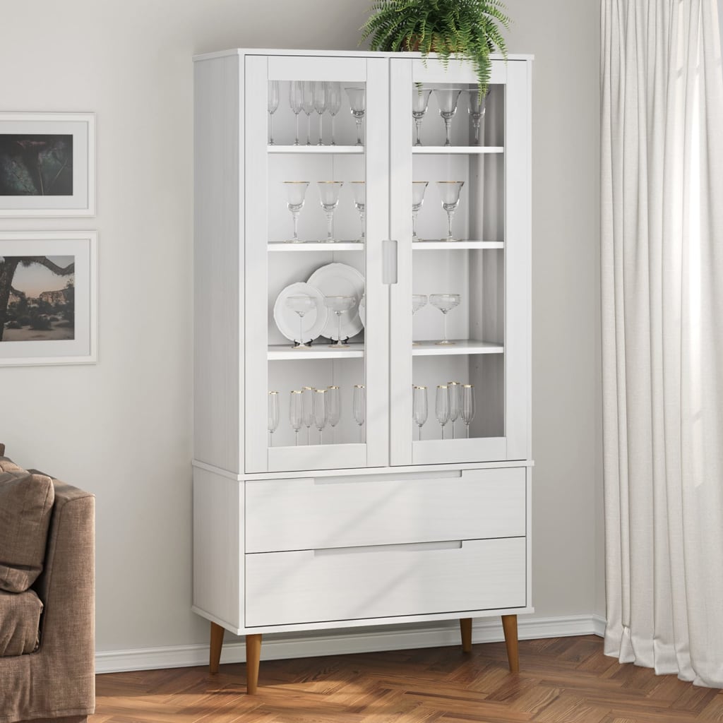 Vitrine Cabinet MOLDE White 90x35x175 cm Solid Wood Pine - Charlotte Dunes