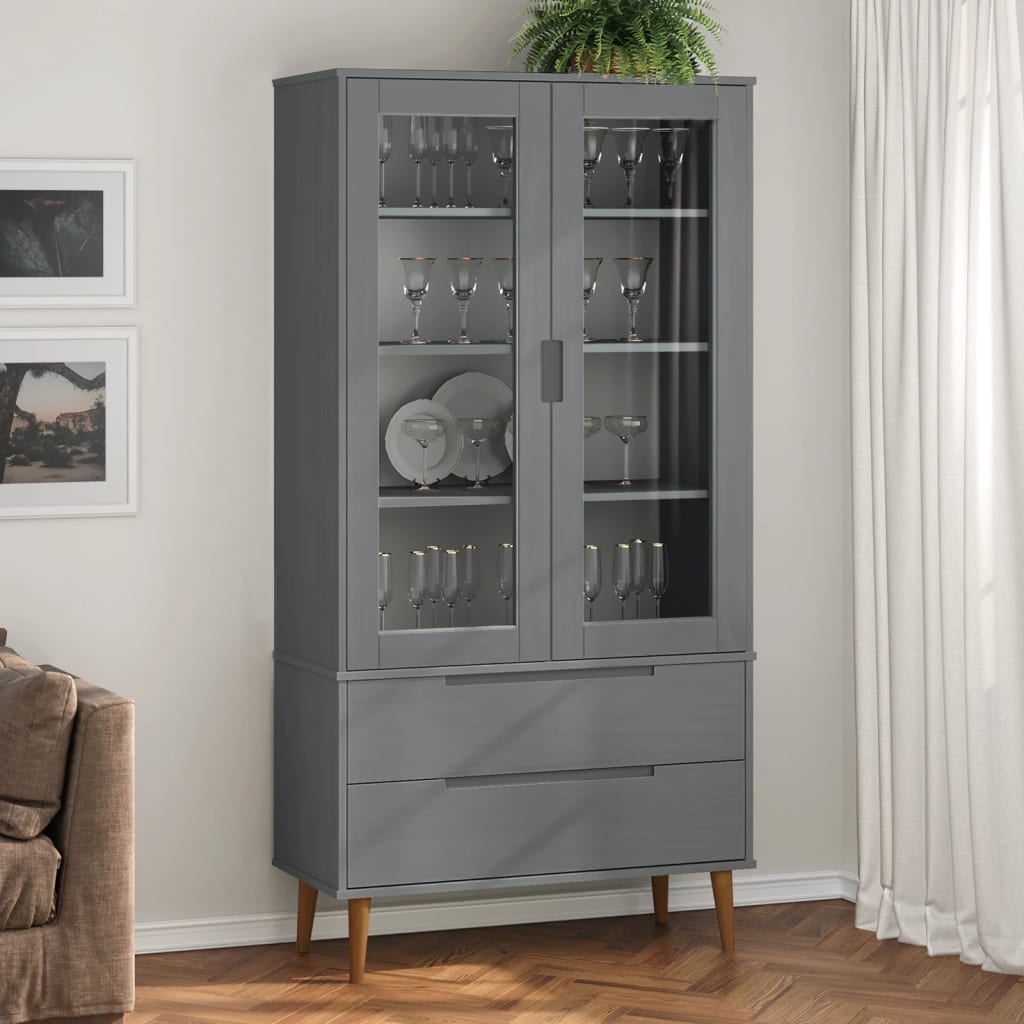 Vitrine Cabinet MOLDE Grey 90x35x175 cm Solid Wood Pine - Charlotte Dunes