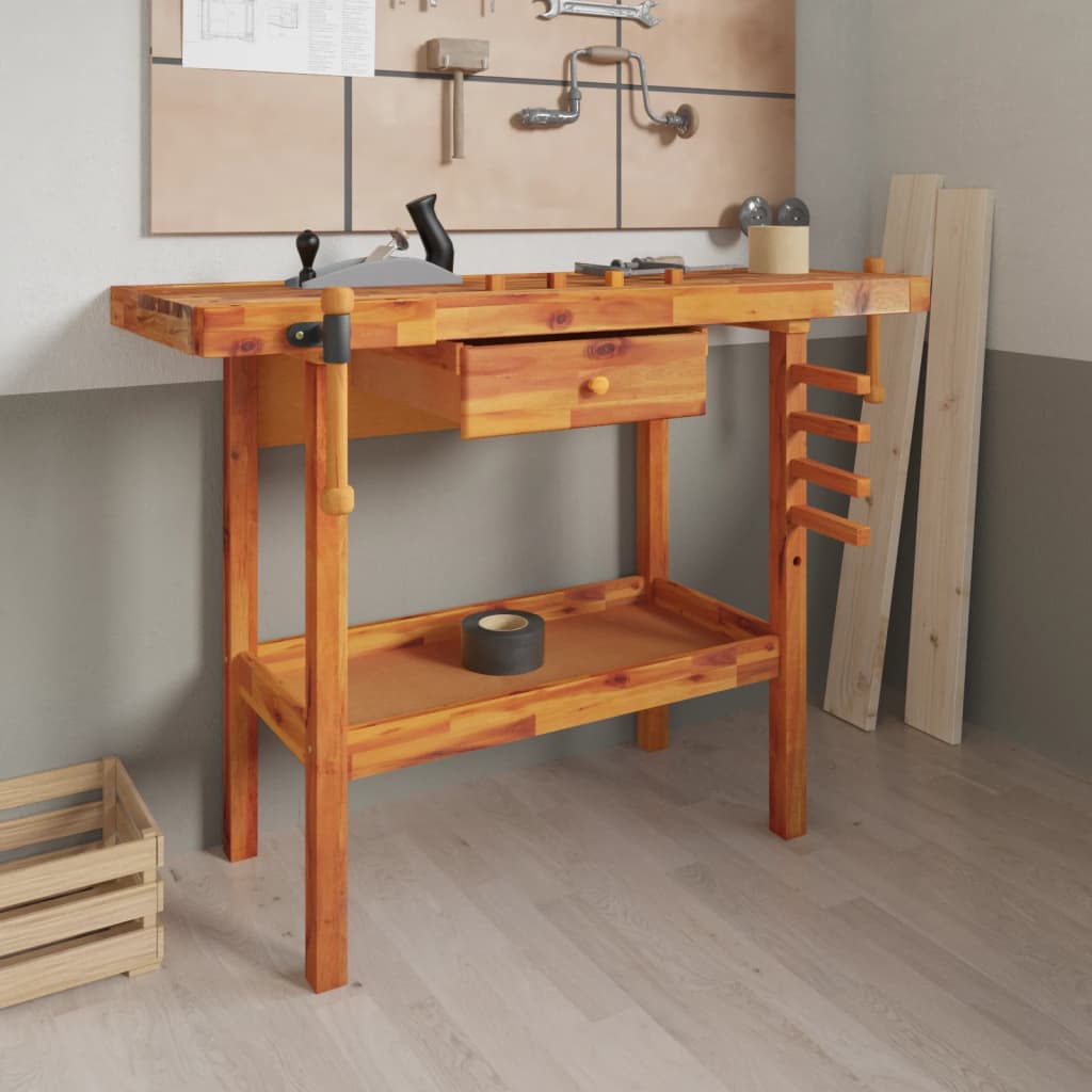 Workbench with Drawer and Vices 124x52x83 cm Solid Wood Acacia - Merkel Designers