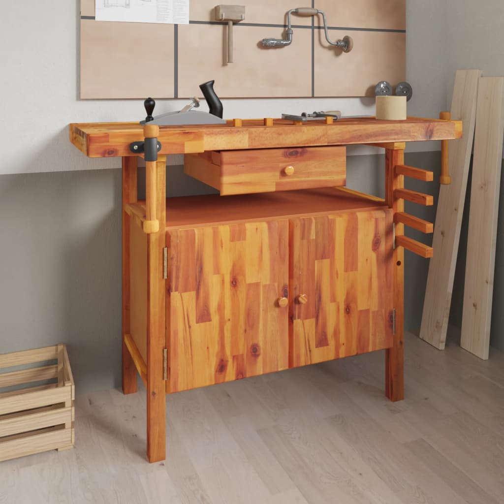 Workbench with Drawer and Vices 124x52x83 cm Solid Wood Acacia - Tyrell & Tyrell
