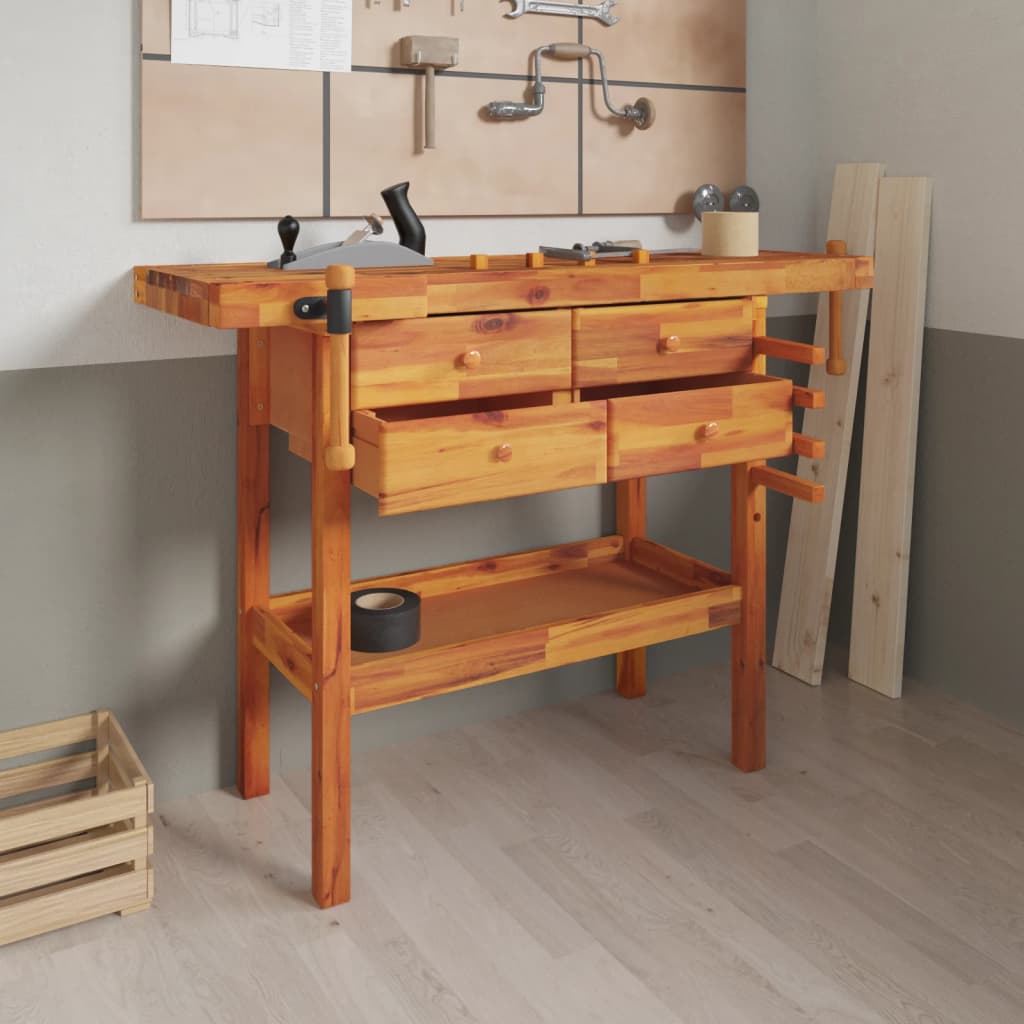 Workbench with Drawers and Vices 124x52x83 cm Solid Wood Acacia - Merkel Designers