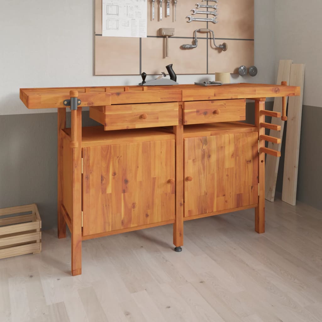 Workbench with Drawers and Vices 162x62x83 cm Solid Wood Acacia - R and M Furniture