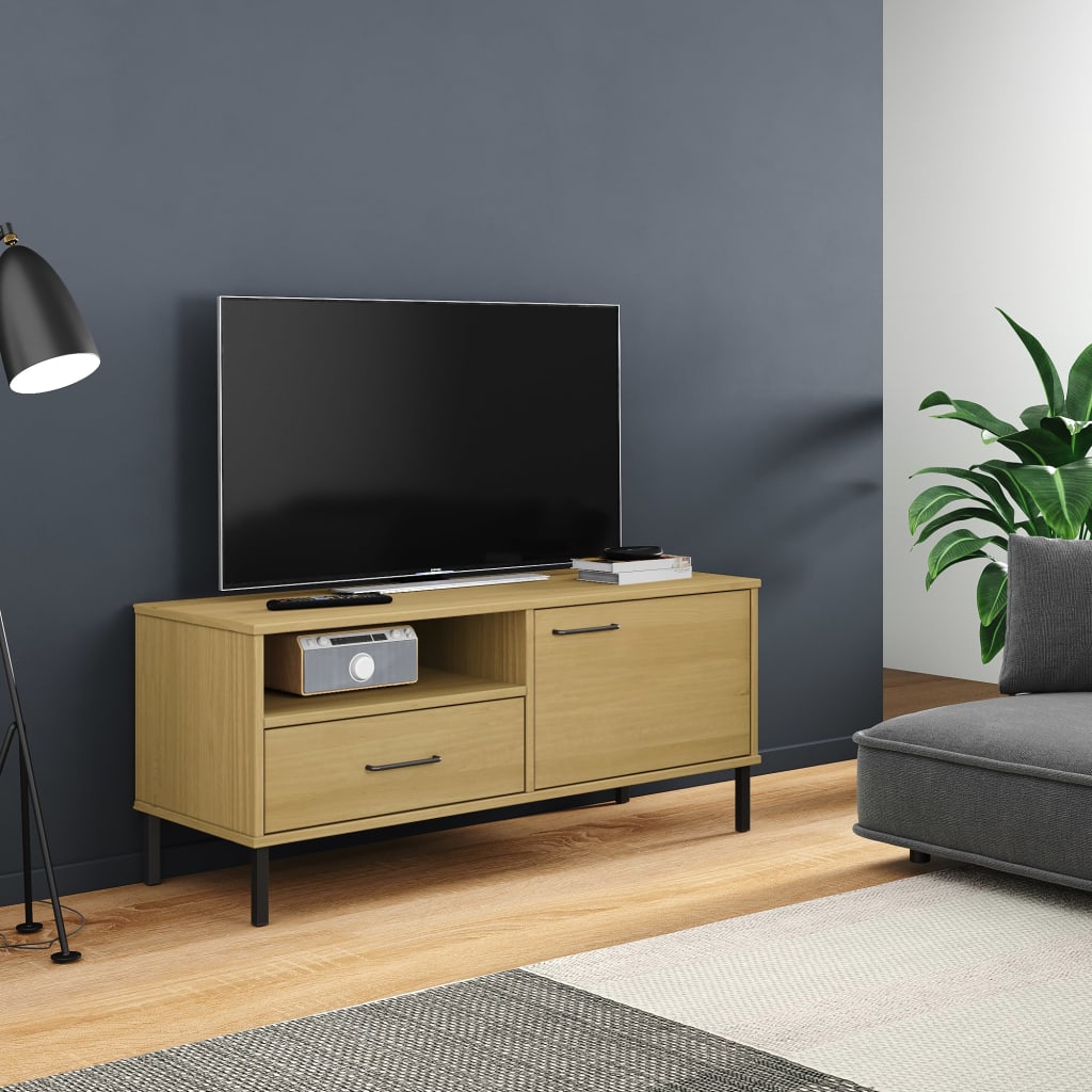 TV Cabinet with Metal Legs Brown Solid Wood Pine OSLO - Unbeatable Bargains