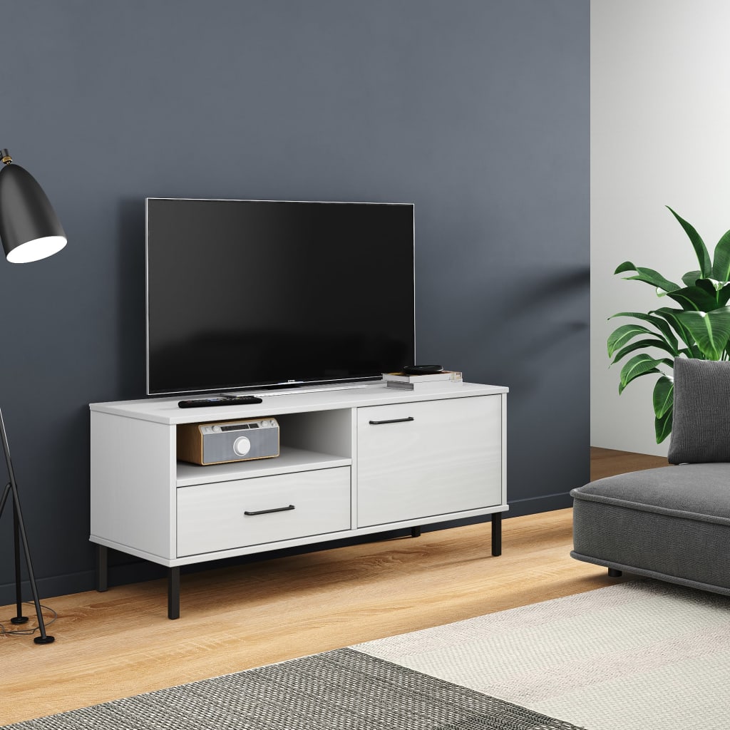 TV Cabinet with Metal Legs White Solid Wood Pine OSLO - Unbeatable Bargains