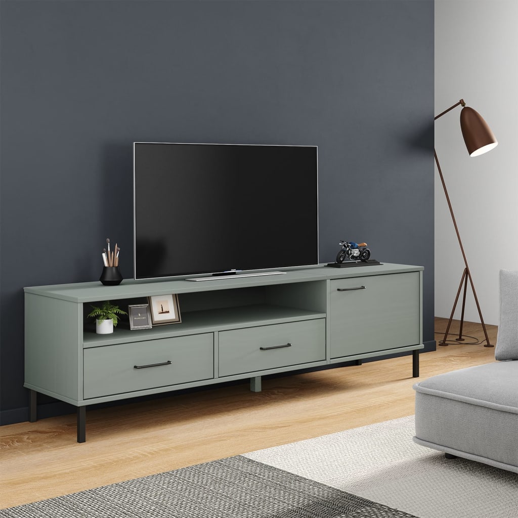 TV Cabinet with Metal Legs Grey Solid Wood Pine OSLO - Unbeatable Bargains