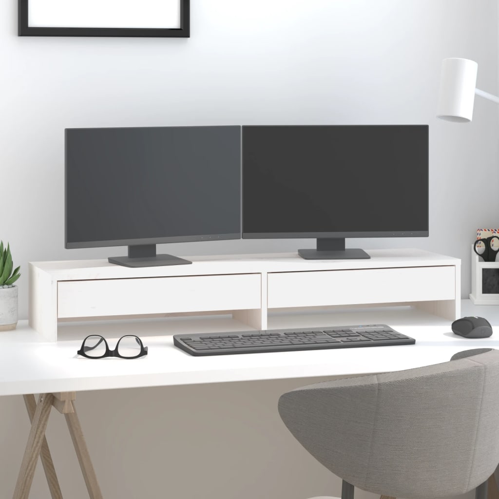 Monitor Stand White 100x27x15 cm Solid Wood Pine - Brittle & Co