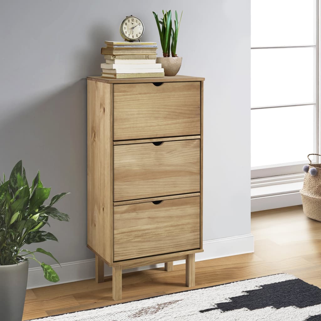 Shoe Cabinet OTTA with 3 Drawers Brown Solid Wood Pine - The Home Maker