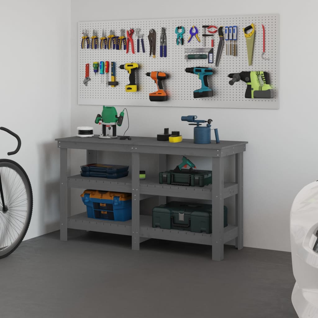 Work Bench Grey 142.5x50x80 cm Solid Wood Pine - Decor Base