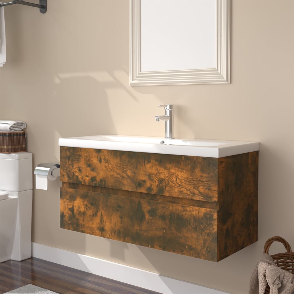 Sink Cabinet with Built-in Basin Smoked Oak Engineered Wood - All Things Good