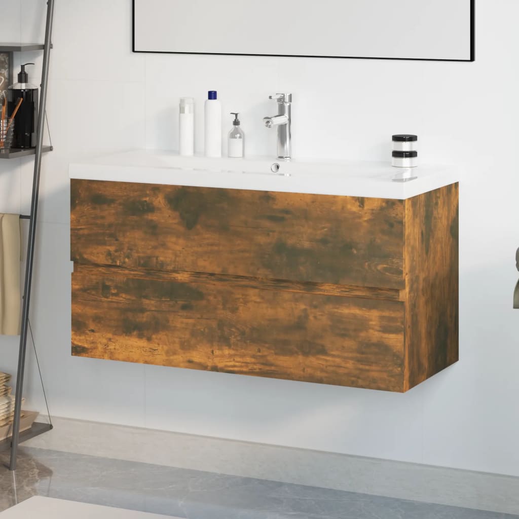 Sink Cabinet with Built-in Basin Smoked Oak Engineered Wood - Merlin Deals
