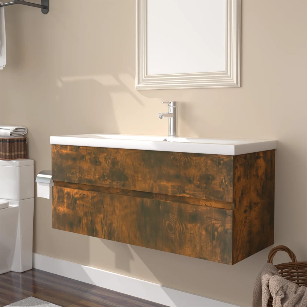 Sink Cabinet with Built-in Basin Smoked Oak Engineered Wood - All Things Good