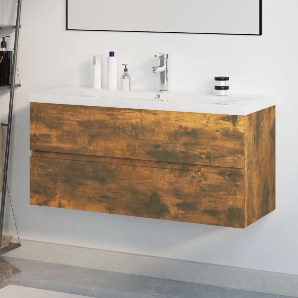 Sink Cabinet with Built-in Basin Smoked Oak Engineered Wood - Brittle & Co