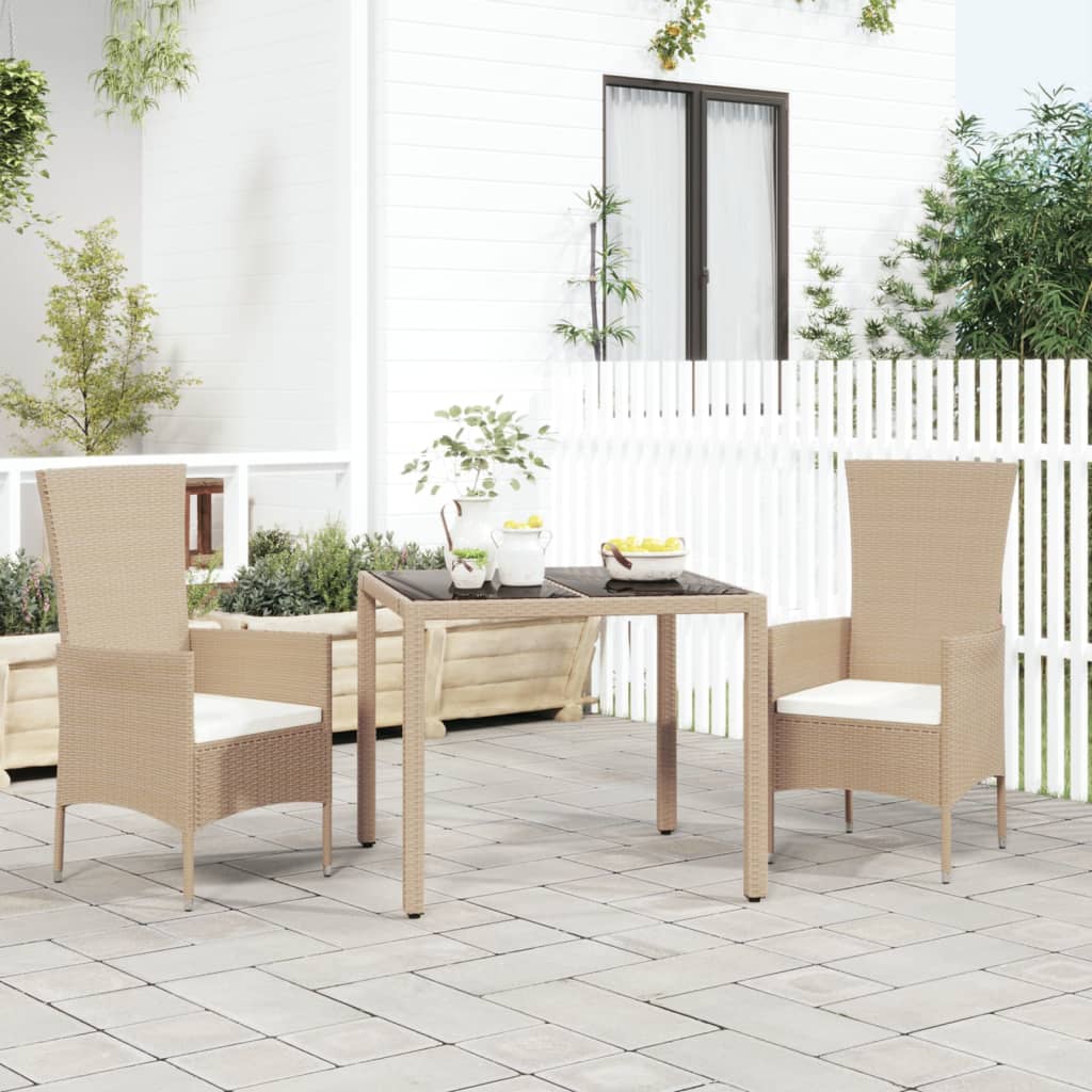 Garden Table with Glass Top Beige Poly Rattan&Tempered Glass - Tyrell & Tyrell