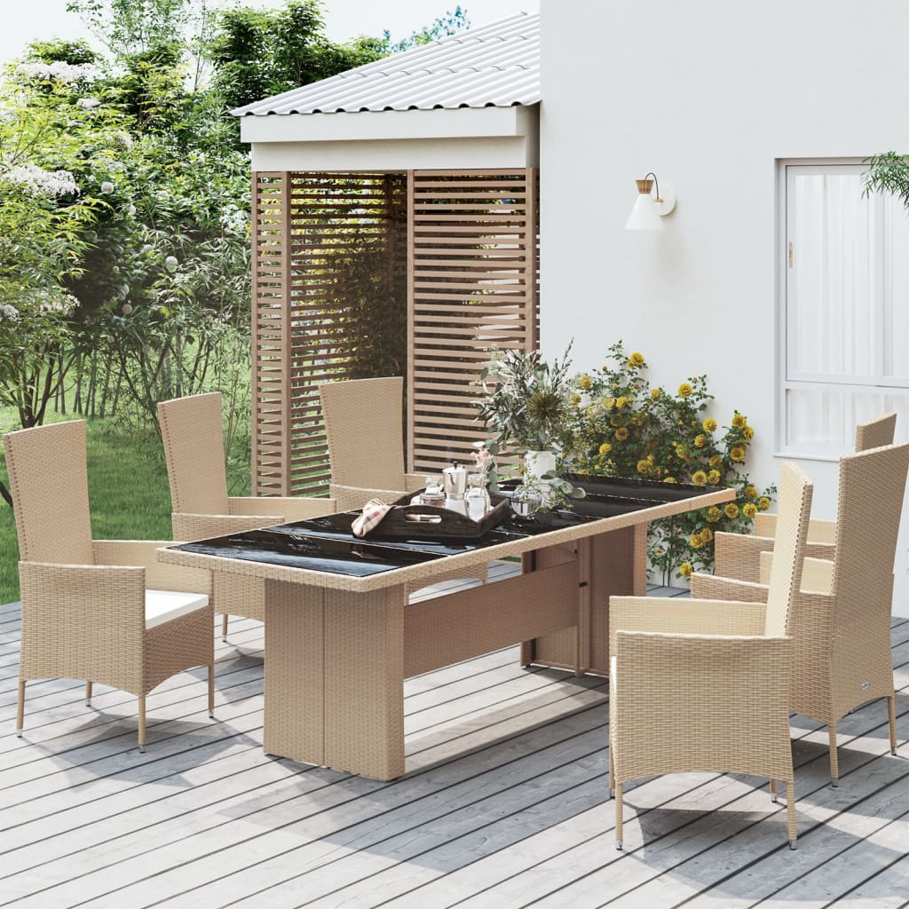 Garden Table with Glass Top Beige Poly Rattan&Tempered Glass - Style and Chic