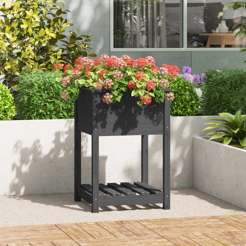 Planter with Shelf Grey 54x54x81 cm Solid Wood Pine - Decor Base