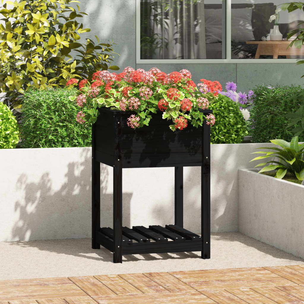 Planter with Shelf Black 54x54x81 cm Solid Wood Pine - Tyrell & Tyrell
