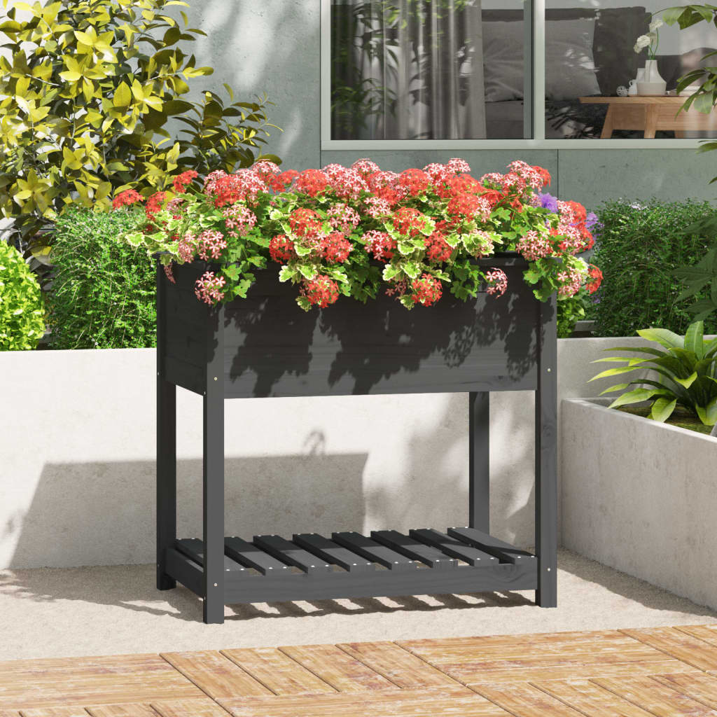 Planter with Shelf Grey 82.5x54x81 cm Solid Wood Pine - Merkel Designers